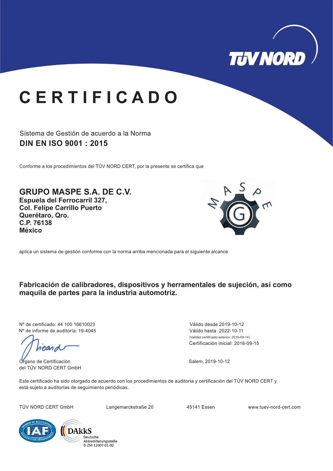 Certificado ISO 9001:2015 de Grupo MASPE